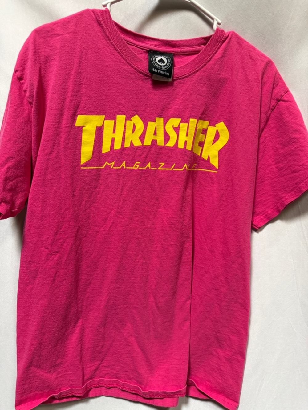 Thrasher Short Sleeve Crewneck Tee in Bright Pink with Yellow Logo